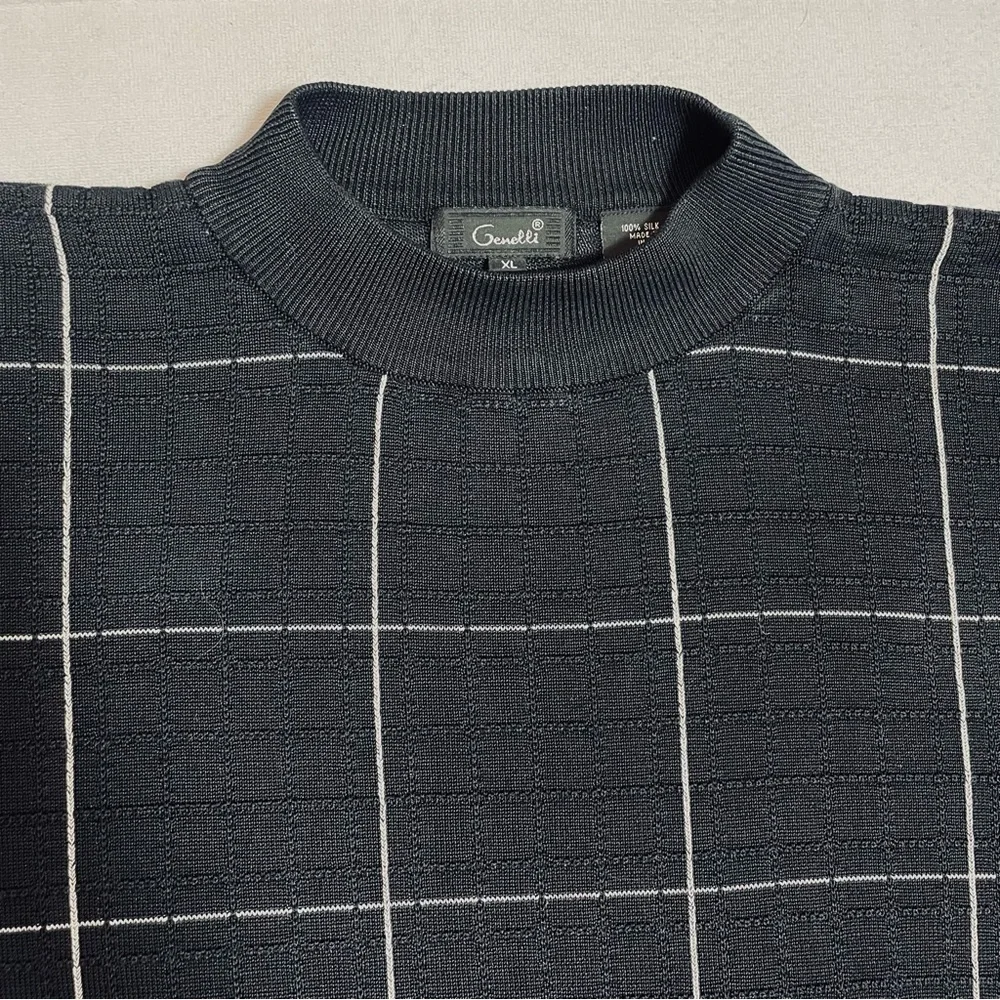 Genelli Silk Windowpane Black Knit Sweater Size XL